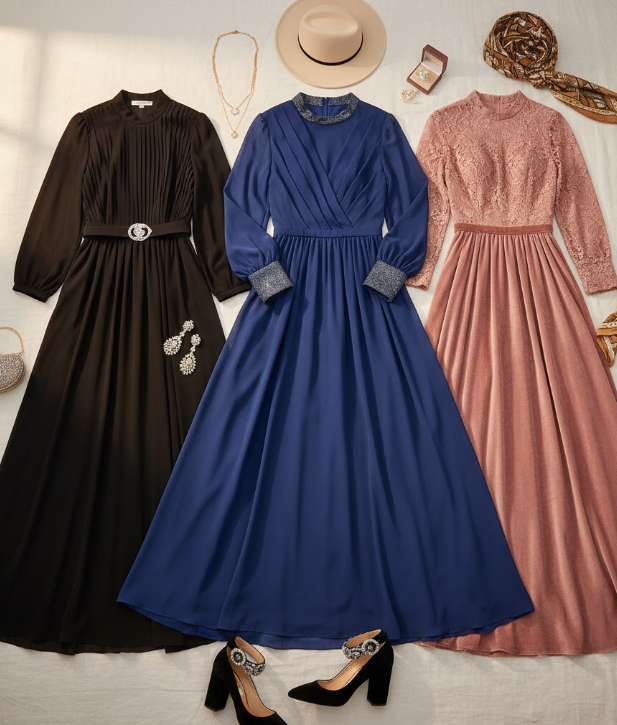 3 שמלות שונות בצבע ורוד, שחור וכחול